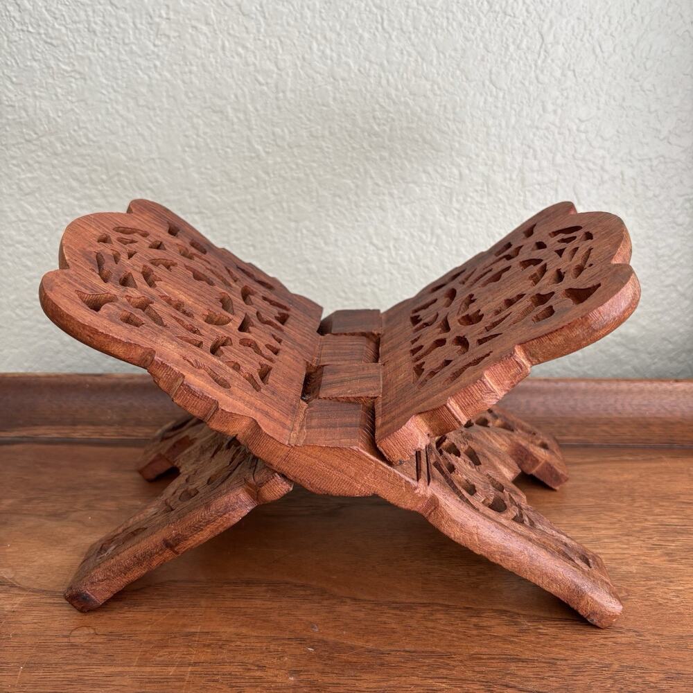 Vintage Hand Carved Solid Wood Leaf Book Rest Holder VStand Bible Cookbook